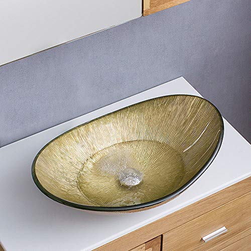 HomeLava Gehärtetes Glas Waschbecken Oval Klein Aufsatzwaschbecken Waschschale Handwaschbecken 42 cm mit Ablaufgarnitur für Gäste WC Bad (ohne Wasserhahn) von HomeLava