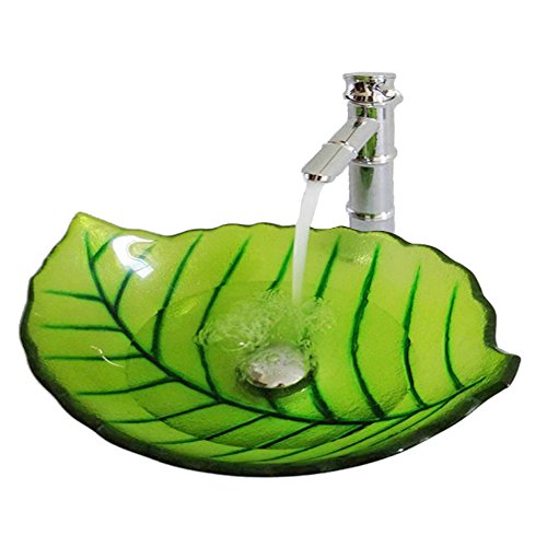 HomeLava Glas Waschbecken Modern Blätter Design im Badezimmer mit Ablaufgarnitur, Montagering (ohne Wasserhahn) von HomeLava