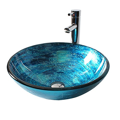 HomeLava Modern Design Gehärtetes Glas Waschbecken Rund Blau mit Ablaufgarnitur, Montagering (ohne Wasserhahn) von HomeLava
