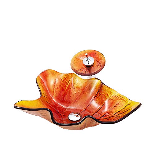 HomeLava Modern Gehärtetes Glas Waschbecken Set Kreative Ahornblatt Design Glaswaschbecken Aufsatzwaschbecken mit Wasserfall Wasserhahn von HomeLava