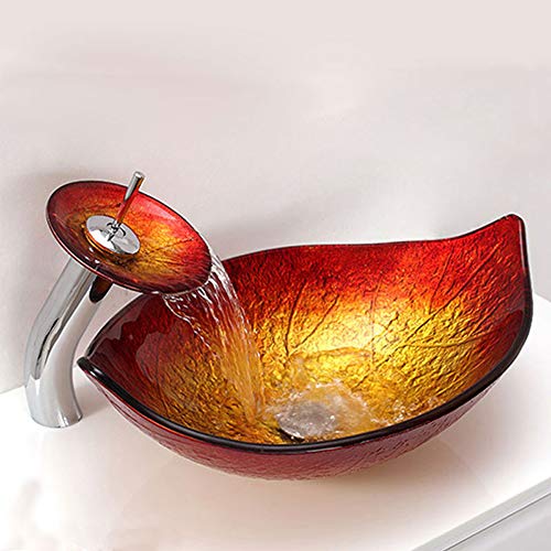 HomeLava Modern Glas Waschbecken Set Blatt Design Mit Wasserfall Wasserhahn von HomeLava