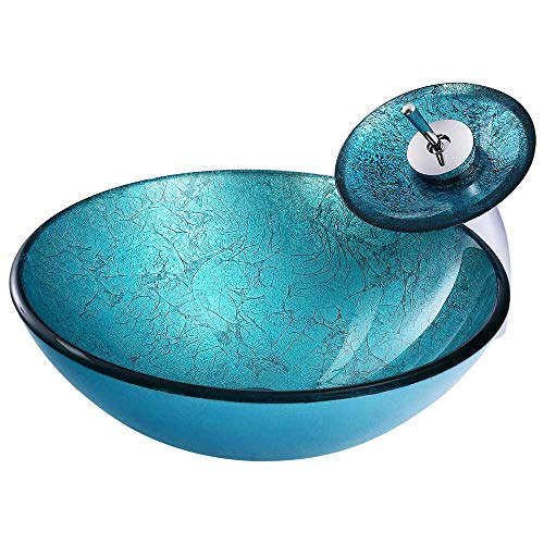HomeLava Modern Glas Waschbecken Set Rund Gehärtetes Glas Waschtischplatte in Türkis mit Wasserfall Wasserhahn HomeLava Modern Glas Waschbecken Set Rund Gehärtetes Glas Waschtischplatte in Türkis mit Wasserfall Wasserhahn von HomeLava