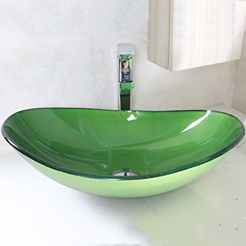 HomeLava Modern Grün Oval Glas Waschbecken mit Wasserhahn Chrom, Ablaufgarnitur, Montagering 545 * 370 * 155mm von HomeLava