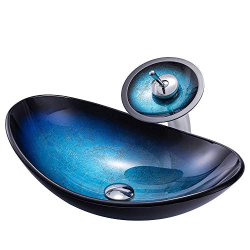 HomeLava Oval Waschbecken Gehärtetes Glas Blau mit Wasserfall Wasserhahn Badarmatur von HomeLava