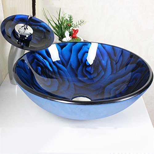 HomeLava Rund Glas Waschbecken+Wasserfall Armatur Set, Blau Rose von HomeLava
