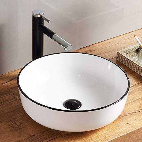 HomeLava Runde Keramik Aufsatzwaschbecken Weiß Körper Schwarz Randstreifen mit Ventil Ablauf Bad Gäste WC(ohne Wasserhahn) von HomeLava