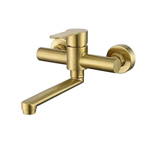 HomeLava Wand Wasserhahn 304 Edelstahl Küchenarmatur Wandarmatur Wandmontage Spültischarmatur Armatur Einhebelmischer für Küche Waschbecken Gebürstetes Gold mit 360° Drehbar Auslauf kurz 18cm von HomeLava