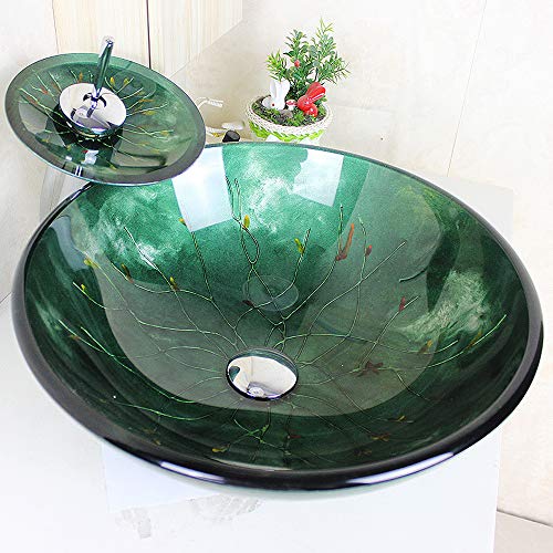 Homelava Modern Gehärtetes Glas Waschbecken mit Wasserfall Armatur Set (Grün 4) von HomeLava