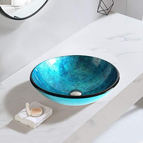 HomeLava Waschbecken Rund aus Gehärtetem Glas Aufsatzwaschbecken Blau 30 cm Becken Klein mit Ablaufgarnitur für Gäste WC Bad (ohne Wasserhahn) von HomeLava