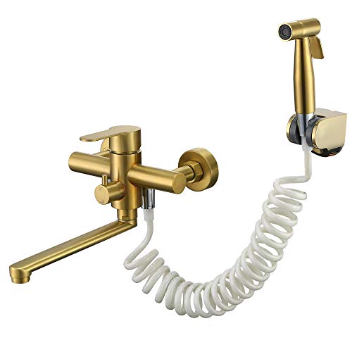 HomeLava Wasserhahn Küche Wandmontage mit Spritzpistole Wasserhahn Wand Armatur 360° Drehbar Auslauf 225mm Küchenarmatur Spültischarmatur Wandmontage für Küche Waschbecken Gebürstetes Gold von HomeLava