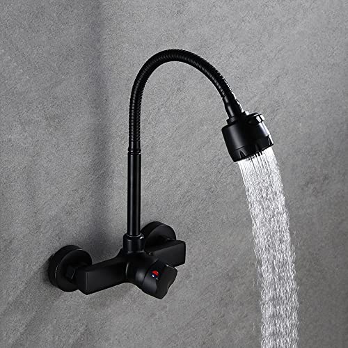 HomeLava Wasserhahn Wandmontage Küche Wandarmatur Schwarz Kalt und Heiß Einhebelmischer Küchenarmatur 360° Drehbar Messing Spültischarmatur Mischbatterie Wand Armatur Wasserhahn von HomeLava
