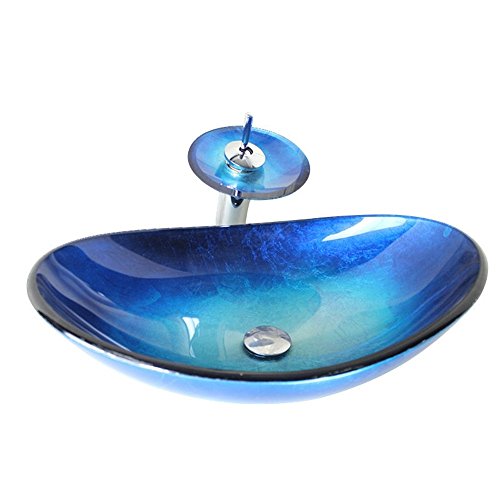 Homelava Modern Gehärtetes Glas Waschbecken mit Wasserfall Armatur Set (Blau 6) von HomeLava