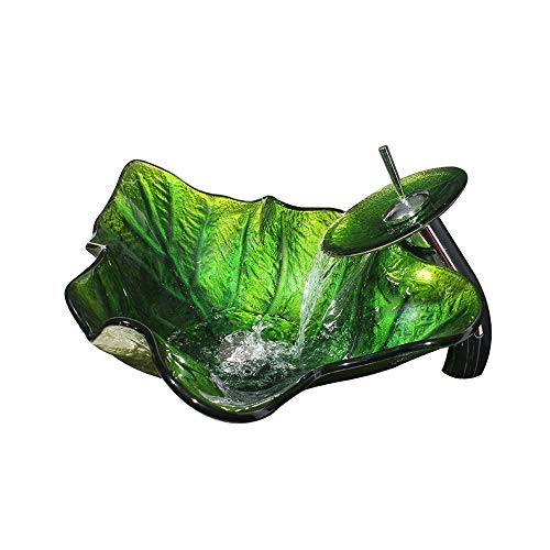Homelava Modern Gehärtetes Glas Wasserfall Wasserhahn Blatt Design Glas Aufsatz Grün (ohne Waschbecken) von HomeLava
