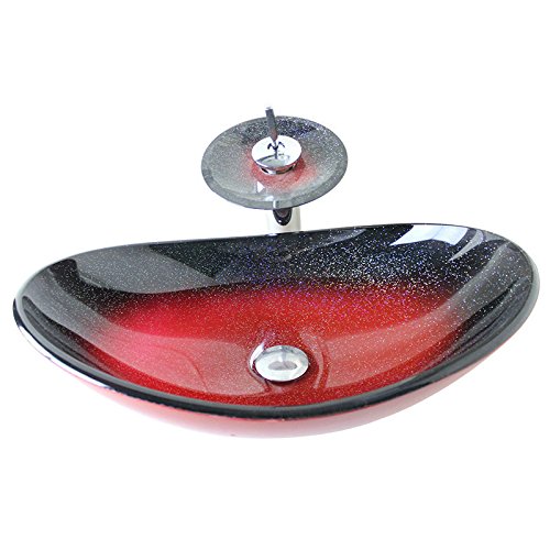 Homelava Moderne Hartglas mit Wasserhahn Wasserfall, Wasser Waschbecken Entleerung und Ring-Montage,Rot von HomeLava