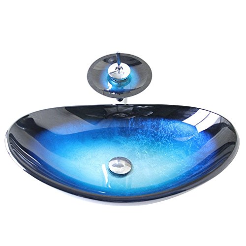 HomeLava Modern Hartglas-Waschbecken Set Glas Oval Blau Schwarz mit Wasserfall-Wasserhahn, Abfluss und Montagering von HomeLava