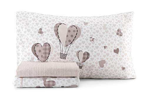 HomeLife Bettwäsche-Set für Doppelbett, Baumwolle, Heißluftballon, Komplettset für Doppelbett + Kissenbezüge in Herzform, Bettlaken 250 x 300 cm + 2 Kissenbezüge 52 x 82 cm, Beige, 2 P von HomeLife