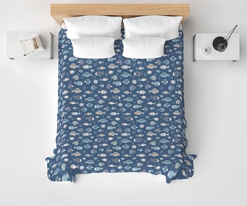 HomeLife Sommer-Tagesdecke für Doppelbett, 100 % Pikee-Baumwolle, hergestellt in Italien, frische Decke für Doppelbett, Baumwolle, leicht und atmungsaktiv für den Sommer mit fröhlichem Fischmuster – von HomeLife