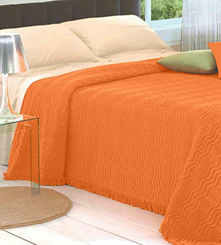 HomeLife Tagesdecke für Doppelbett, aus Chenille, 260 x 260 cm, leichte Frühlings-Tagesdecke für die Übergangszeit, 100%, mit Relief-Chenille-Streifen, Orange von HomeLife