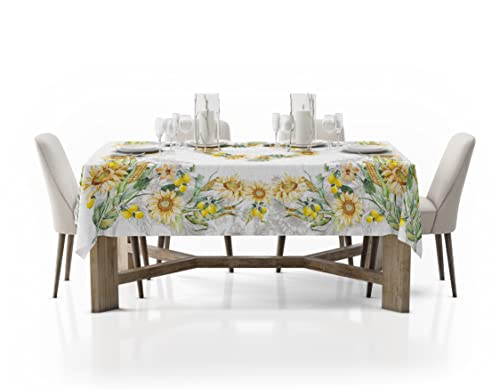 HomeLife Tischdecke aus Baumwolle, 140 x 180 cm, hergestellt in Italien, 6Sitzer 8Sitzer (100 % Baumwolle) | Tischdecke, weiß, Baumwolle mit Sommermuster, Sonnenblumen und Zitronen, Tischdecke, von HomeLife