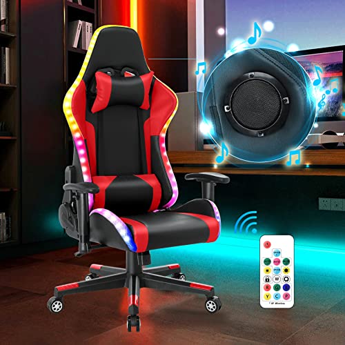 Gaming Stuhl mit RGB LED-Leuchten und Lautsprechern Racing Computter Stuhl PC Stuhl aus PU-Leder Videospielstuhl mit hoher Rückenlehne ergonomischer Bürostuhl mit Kopfstütze Lendenwirbelstütze Rot von HomeMiYN