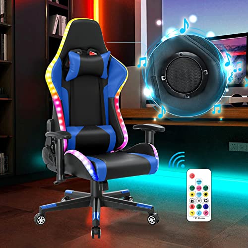 Gaming Stuhl mit RGB LED-Leuchten und Lautsprechern Videospielstuhl Racing Computter Stuhl PC Stuhl aus PU-Leder mit hoher Rückenlehne ergonomischer Bürostuhl mit Kopfstütze Lendenwirbelstütze Blau von HomeMiYN