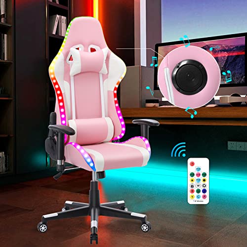 Gaming Stuhl mit RGB LED-Leuchten und Lautsprechern Videospielstuhl Racing Computter Stuhl PC Stuhl aus PU-Leder mit hoher Rückenlehne ergonomischer Bürostuhl mit Kopfstütze Lendenwirbelstütze Rosa von HomeMiYN