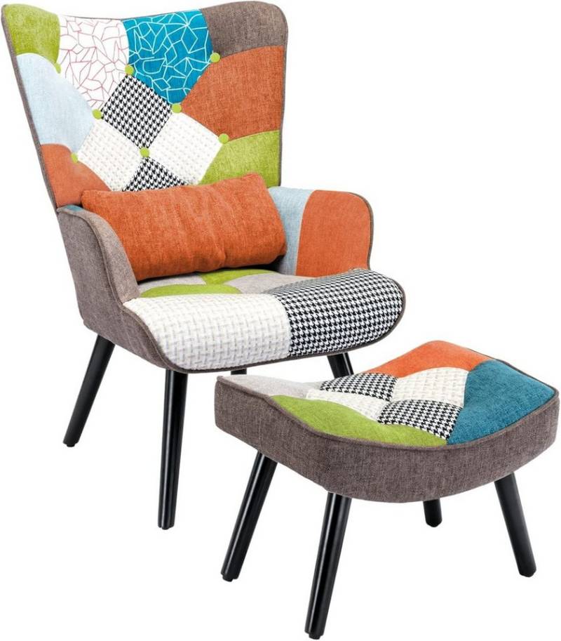 HomeMiYN Ohrensessel Relaxsessel Lehnstühle Patchwork Ohrensessel mit Hocker lesesessel, Chair von HomeMiYN