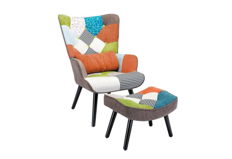 HomeMiYN Ohrensessel Relaxsessel mit Hocker Patchwork Sessel Ohrensessel Sessel Wohnzimmer von HomeMiYN