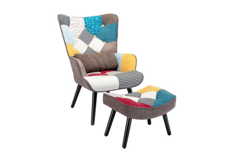 HomeMiYN Ohrensessel Relaxsessel mit Hocker Patchwork Sessel Wohnzimmer Ohrensessel Holz von HomeMiYN