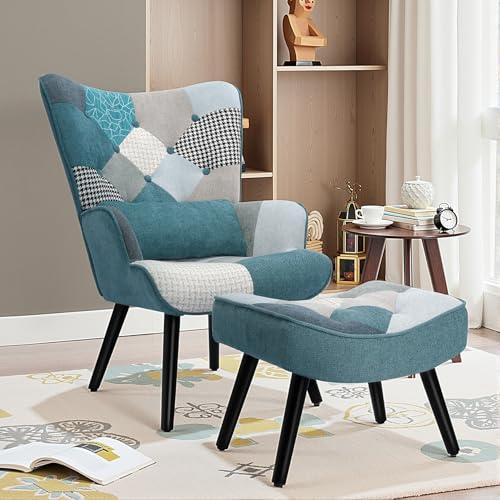 Relaxsessel mit Hocker Patchwork Sessel mit Lendenkissen Ohrensessel Holz Sessel Wohnzimmer moderner Fernsehsessel Loungesessel Stuhl Patchwork Leinen Massivholzfüße Blau Relaxsessel mit Hocker Patchwork Sessel mit Lendenkissen Ohrensessel Holz Sessel Wohnzimmer moderner Fernsehsessel Loungesessel Stuhl Patchwork Leinen Massivholzfüße Blau von HomeMiYN