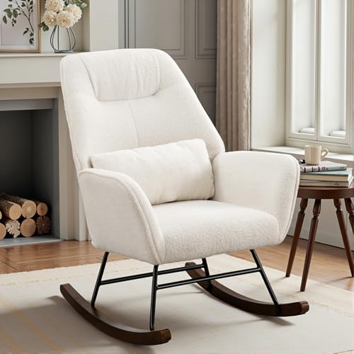 HomeMiYN Schaukelstuhl Lammwolle Schaukelsessel Teddy Sessel mit Metallgestell und Holzsockel moderner Sessel Wohnzimmer Polstersessel Relaxstuhl für Schlafzimmer Kinderzimmer Balkon Freizeit Weiß von HomeMiYN
