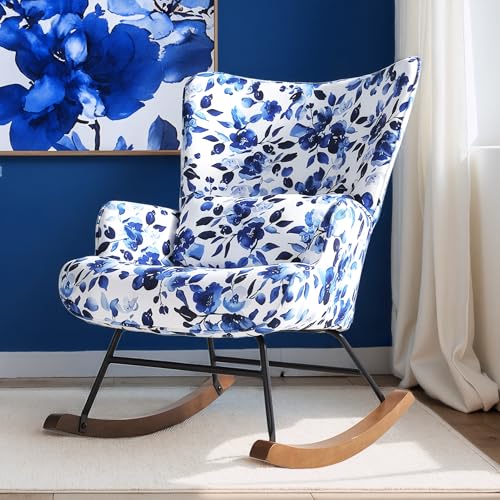 HomeMiYN Schaukelstuhl Lendenpolster Metallgestell und Holzsockel Stillstuhl Wohnzimmer Blaue Blumen von HomeMiYN