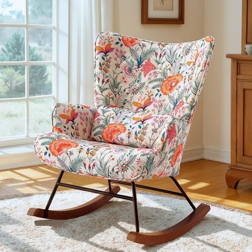 HomeMiYN Schaukelstuhl Lendenpolster Metallgestell und Holzsockel Stillstuhl Wohnzimmer orange rosa Blume von HomeMiYN
