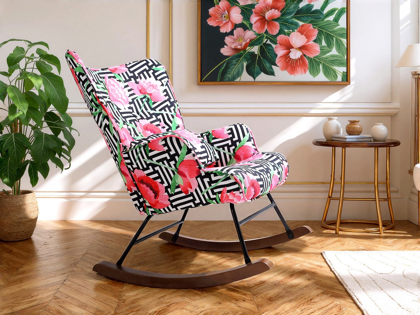 HomeMiYN Schaukelstuhl Schaukelstuhl Patchwork Sessel Schwingsessel Relaxstuhl Wohnzimmer (1 St), Aus holz von HomeMiYN