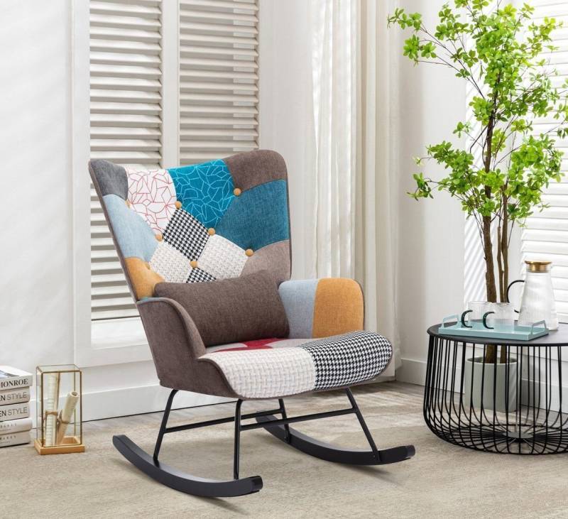 HomeMiYN Schaukelstuhl Schaukelstuhl Patchwork Sessel Schwingsessel Relaxstuhl Wohnzimmer (1 St), Aus holz von HomeMiYN