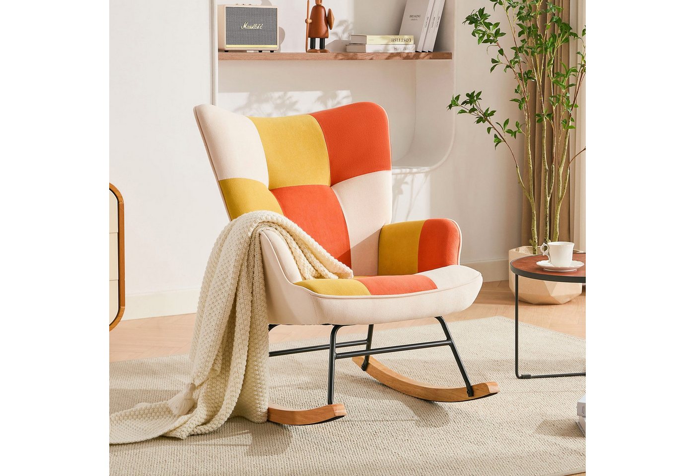HomeMiYN Schaukelstuhl Schaukelstuhl Patchwork Sessel Schwingsessel Relaxstuhl Wohnzimmer (1 St), Aus holz von HomeMiYN