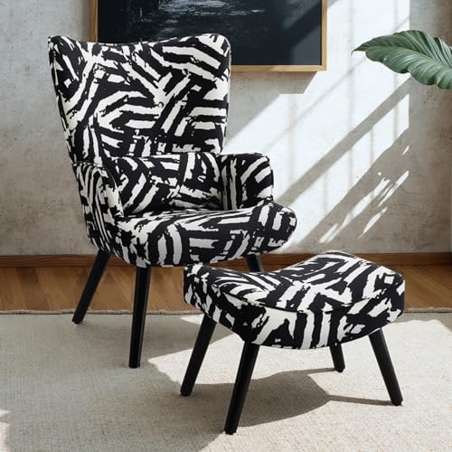 HomeMiYN Sessel Ohrensessel mit Kissen und Fußhocker Wohnzimmer Einzelsofa Abstrakte Kunst in Schwarzweiß von HomeMiYN