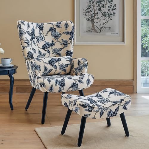 HomeMiYN Sessel Ohrensessel mit Kissen und Fußhocker Wohnzimmer Einzelsofa Französische Klassische Blumen von HomeMiYN