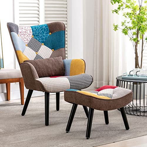 Relaxsessel mit Hocker Patchwork Sessel Ohrensessel Holz Sessel Wohnzimmer, moderner Fernsehsessel Loungesessel Stuhl Patchwork Leinen Massivholzfüße von HomeMiYN