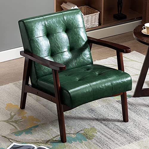 Retro Holzsessel Wohnzimmer Massivholz Gepolsterter Sessel Lounge Sessel mit Armlehnen mittelalterlicher Holzrahmen Designstuhl aus Kunstleder und Eiche für Schlafzimmer Café Balkon Grün von HomeMiYN