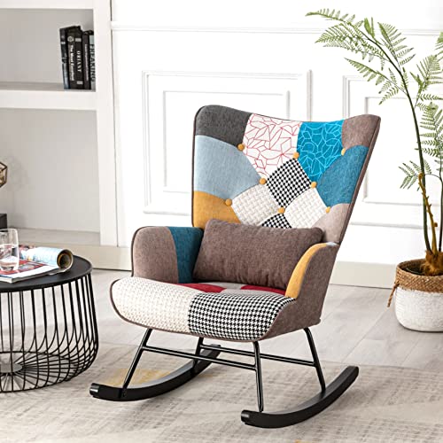 Schaukelstuhl Patchwork Sessel mit Metallgestell und Holzsockel Schwingsessel Relaxstuhl Retro Sessel Wohnzimmer Polstersessel Skandinavischer Schaukelsessel für Schlafzimmer Kinderzimmer Braun von HomeMiYN