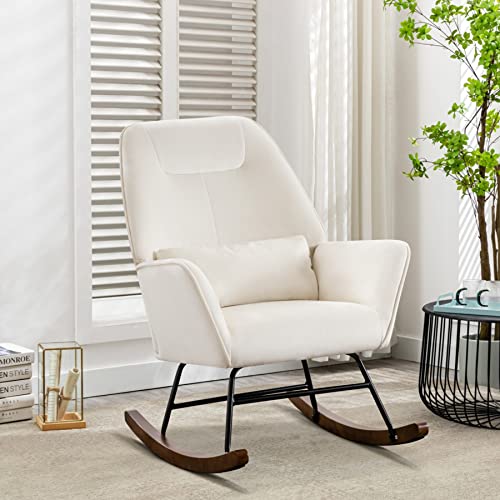 Schaukelstuhl Samt Kinderzimmer Relaxstuhl Wohnzimmer gepolsterter Schaukelstuhl mit Beine und Taillenkissen aus Massivholz Design Relaxsessel Samt Schwingsessel für Balkon Lese-Schlafzimmer Beige von HomeMiYN
