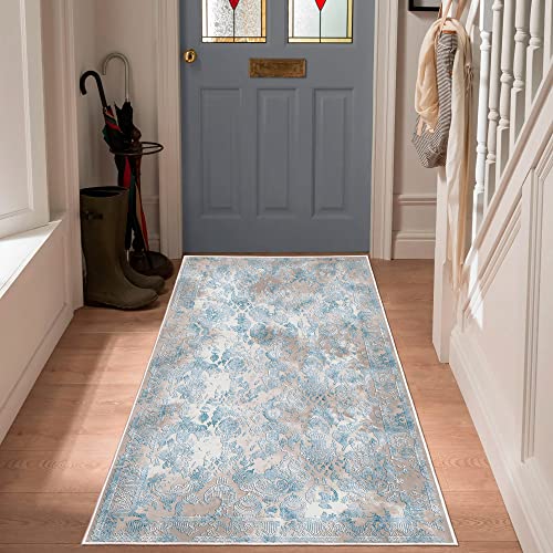 HomeNette Faltbarer maschinenwaschbarer Teppich, 120x250 cm, Rutschfester Teppich, schmutzabweisend, blau/graue Teppiche für rutschfeste Unterseite, dekorativ, modernes Baumwoll-Boho-Muster von HomeNette