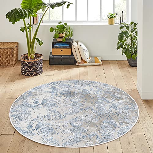 HomeNette Maschinenwaschbarer, runder Teppich, 140 cm, rutschfest, fusselfrei, wasserdicht, blau/grau, runde Teppiche, Überwurf für Wohnzimmer, Küche, Kreisteppich, Tokyo Collection Area Rugs von HomeNette