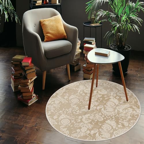 HomeNette Maschinenwaschbarer runder Teppich, 100x100 cm, rutschfest, fusselfrei, wasserdicht, beige, runde Teppiche, Überwurf für Wohnzimmer, Küche, Bad, Tokyo Collection Area Rugs von HomeNette