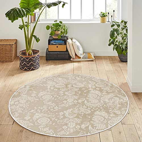 HomeNette Maschinenwaschbarer runder Teppich, 140 cm, rutschfest, fusselfrei, wasserdicht, beige runde Teppiche, Überwurf für Wohnzimmer, Küche, Bad, Tokyo Collection Area Rugs von HomeNette