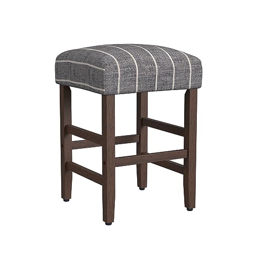 HomePop Home Decor Klassischer Barhocker mit offener Rückenlehne, Thekenhöhe, quadratisch, 61 cm, Barhocker mit gewölbtem Kissen, Mitternachtsgrau gewebte Streifen von HomePop