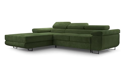 HomeSpace24 Sofa mit Schlaffunktion und Bettkasten - Eckcouch L-Form mit Bewegliche Kopfstützen, Modern Design Couch zum Wohnzimmer, Poso Schlafsofa Nolan Mini: Dunkelgrün, Links von HomeSpace24