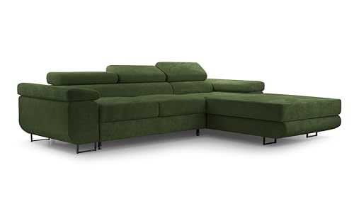 HomeSpace24 Sofa mit Schlaffunktion und Bettkasten - Eckcouch L-Form mit Bewegliche Kopfstützen, Modern Design Couch zum Wohnzimmer, Poso Schlafsofa Nolan Mini: Dunkelgrün, Rechts von HomeSpace24