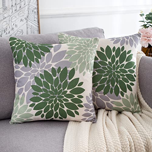 2 Stück Outdoor Kissenbezug 45x45cm Leinen Kissenbezüge Sofakissen Dekorativ Couchkissen Dahlie Blume Kissenhülle Geometrische Sommer Dekokissen für Sofa Wohnzimmer,Grün und Grau von HomeStilez